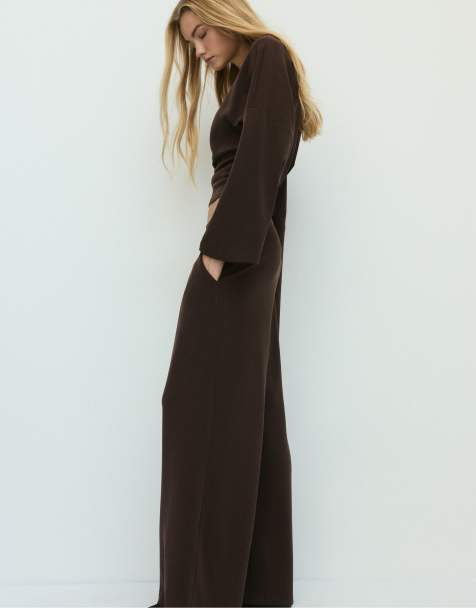 Stradivarius pantaloni wide leg soft-touch con pince marroni - view 1