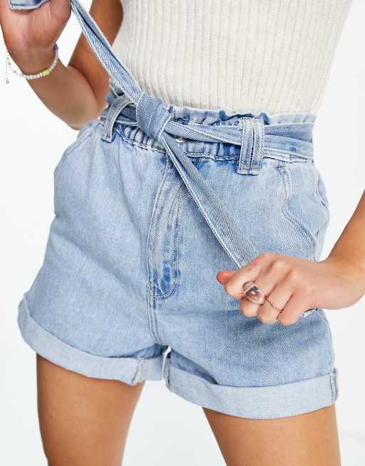 Stradivarius Paperbag Denim Short In Light Wash Asos