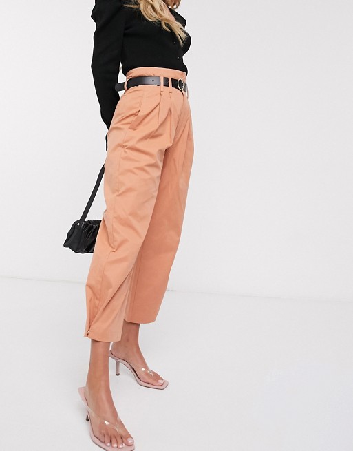 Stradivarius paperbag trouser with belt in peach