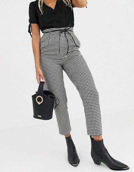 Stradivarius paperbag trouser with pu belt in dogtooth