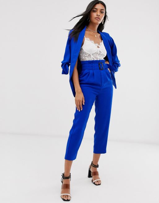 Stradivarius paperbag trousers with belt in blue ASOS