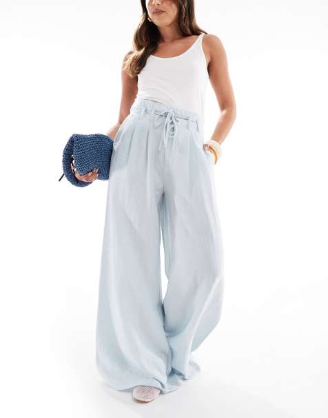 Stradivarius paperbag wide leg pants in blue - view 1