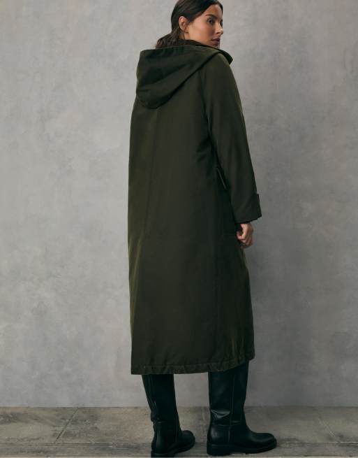 Stradivarius - Parka cerato taglio lungo kaki con cappuccio rimovibile