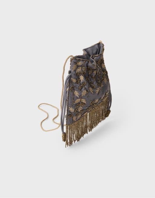 Stradivarius pärlprydd crossbody-väska med fransar i stenfärg, 4 av 4