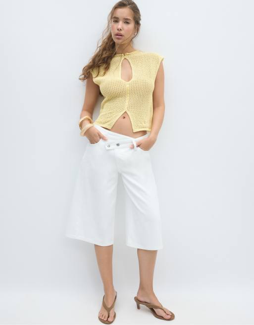 Stradivarius - Pastelgul strikket top med udskæringer i qipao-stil, 3 af 4