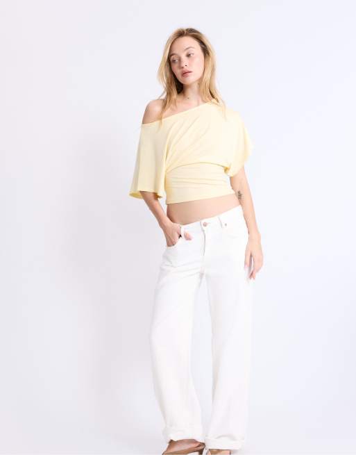 Stradivarius - Pastelgul T-shirt med bådudskæring og korte ærmer, 2 af 4