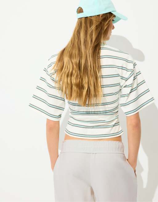 Stradivarius – Pastellgrön, randig t-shirt med v-ringning och kimonoärmar, 3 av 7
