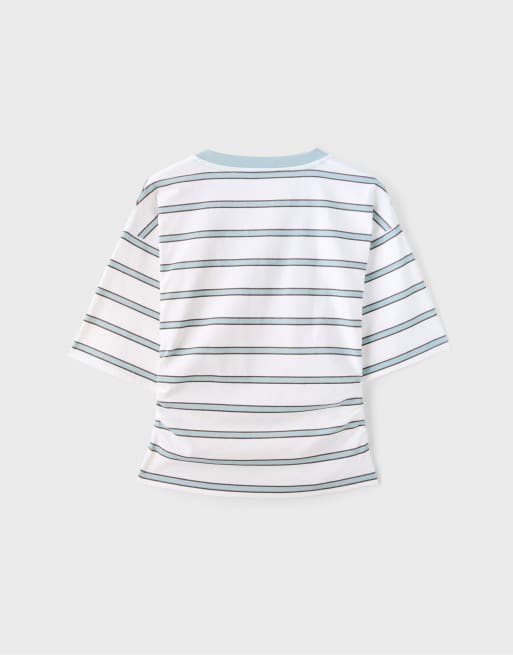 Stradivarius – Pastellgrön, randig t-shirt med v-ringning och kimonoärmar, 7 av 7