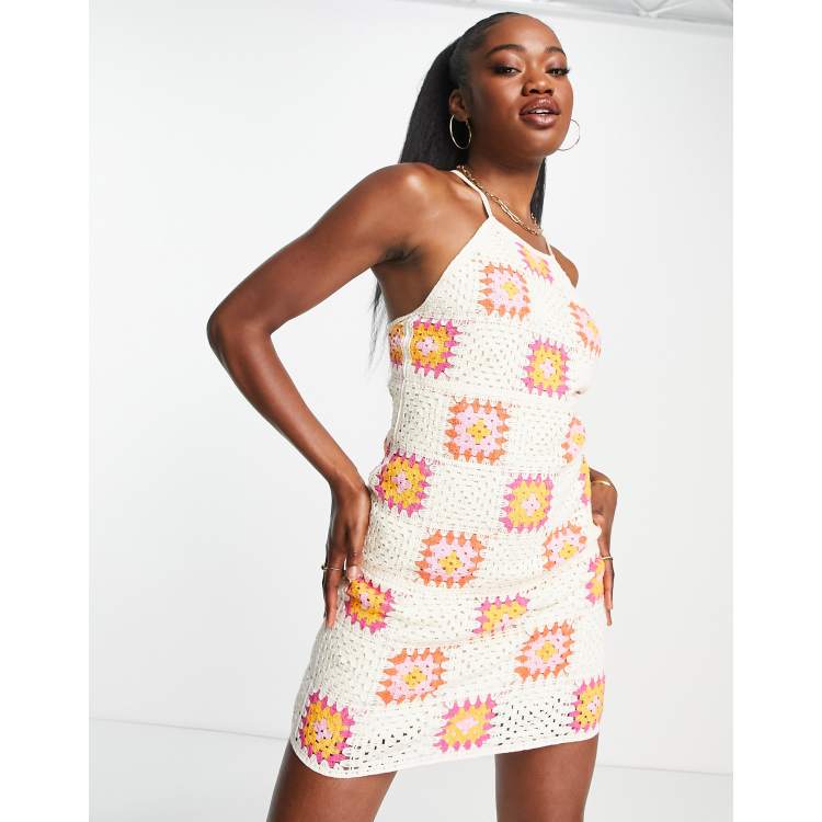 Stradivarius patchwork crochet mini dress in ecru | ASOS