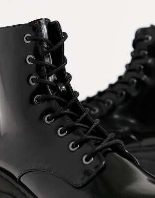 black patent chunky lace up boots