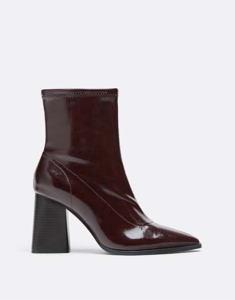 Stradivarius Patent-effect heeled ankle boots in burgundy - view 1