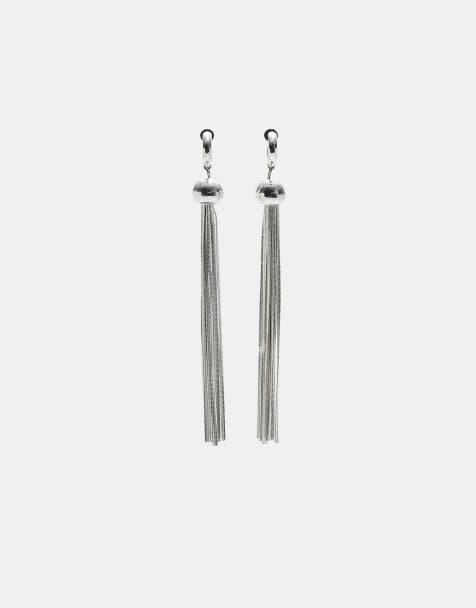 Stradivarius - Pendants d'oreilles ultra longs avec pampille métallique - Gris - view 1