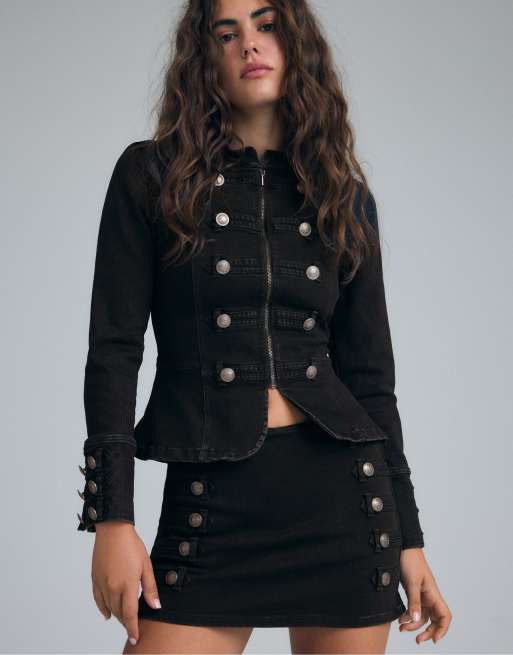 Stradivarius Peplum button jacket in black denim wash, 2 of 7