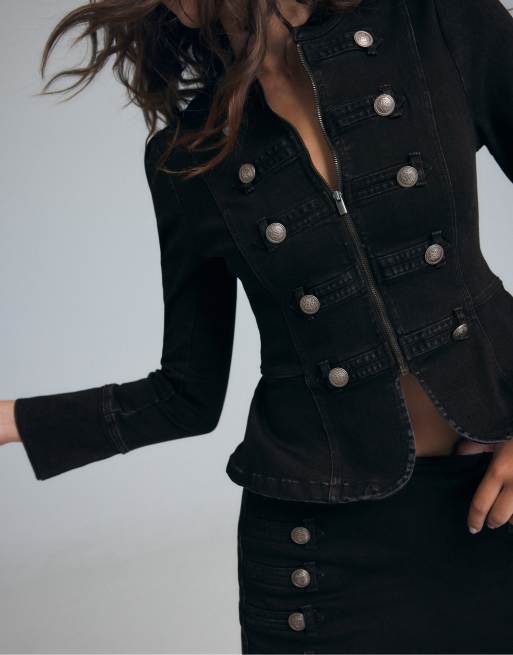 Stradivarius Peplum button jacket in black denim wash, 4 of 7