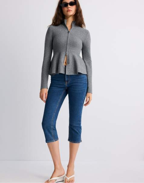 Stradivarius Peplum knit sweater in dark grey - view 1