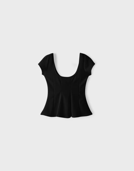 Stradivarius Peplum mini sleeve top in black, 5 of 6