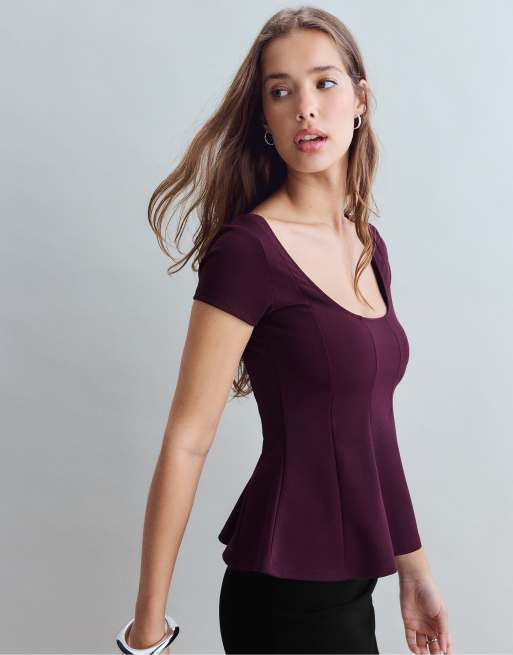 Stradivarius Peplum mini sleeve top in purple, 2 of 7