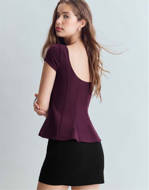 Stradivarius Peplum mini sleeve top in purple, 3 of 7