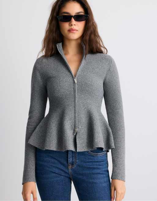 Stradivarius peplum-stickad tröja i mörkgrått, 2 av 7