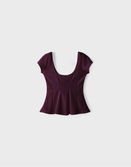Stradivarius peplum-topp med kort ärm i lila, 6 av 7