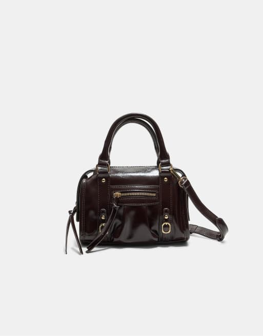 Stradivarius - Petit sac bandoulière style bowling en imitation cuir - Marron