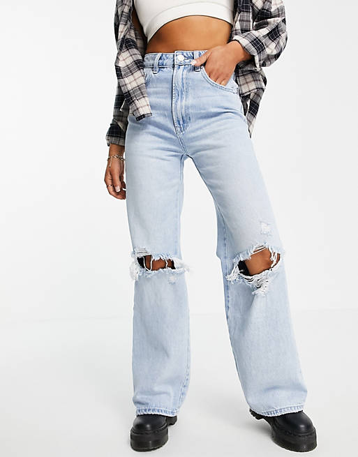 Women Stradivarius Petite 90s dad jean with rips in light wash 