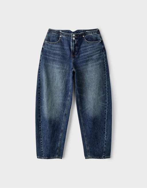 Stradivarius Petite adjustable barrel trousers in medium denim wash, 6 of 7