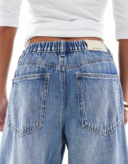 Stradivarius Petite - Baggy jeans met verstelbare taille in medium blauw, 4 van 5