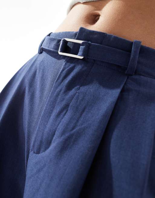 Stradivarius Petite belted wide leg trouser in navy , 5 of 5