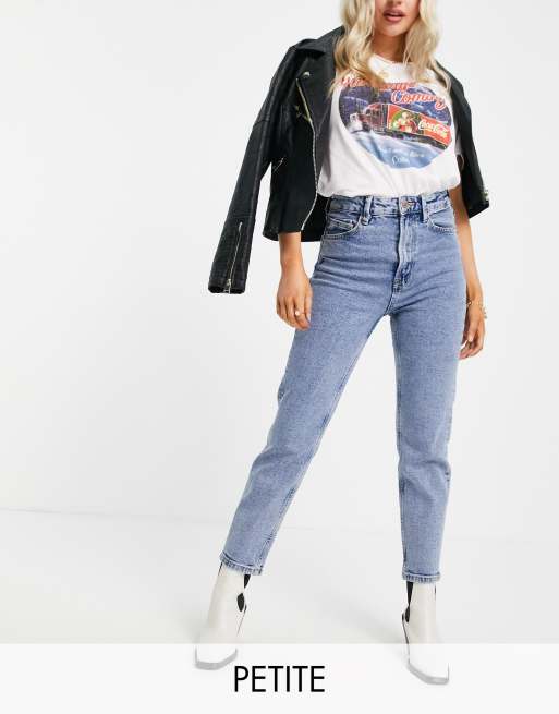 Stradivarius - Petite - Blå, smala mom jeans i bomull med stretch - MBLUE