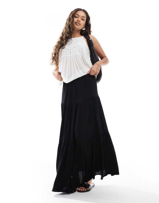 Stradivarius Petite boho midi skirt in black