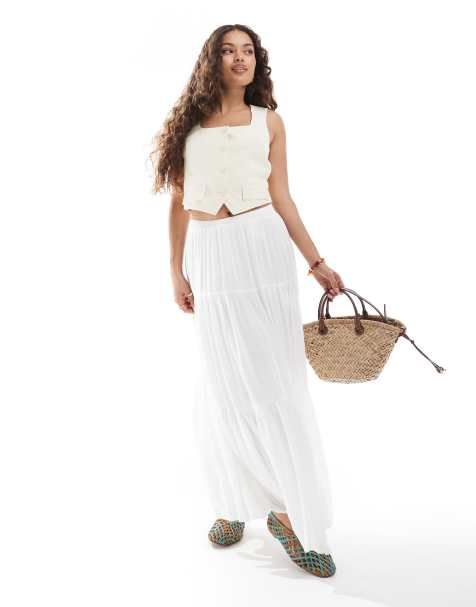 Stradivarius Petite boho midi skirt in white  - view 1