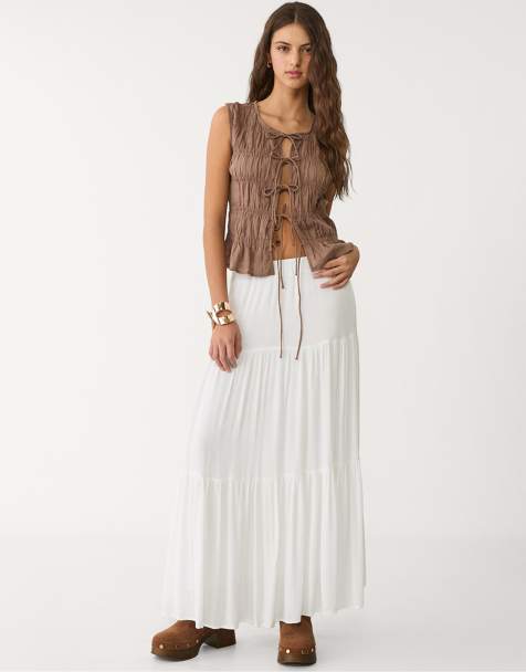 Stradivarius Petite boho midi skirt in white - view 1