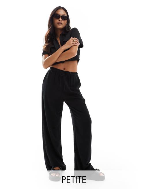 Stradivarius Petite - Broek met linnenlook en elastische taille in zwart
