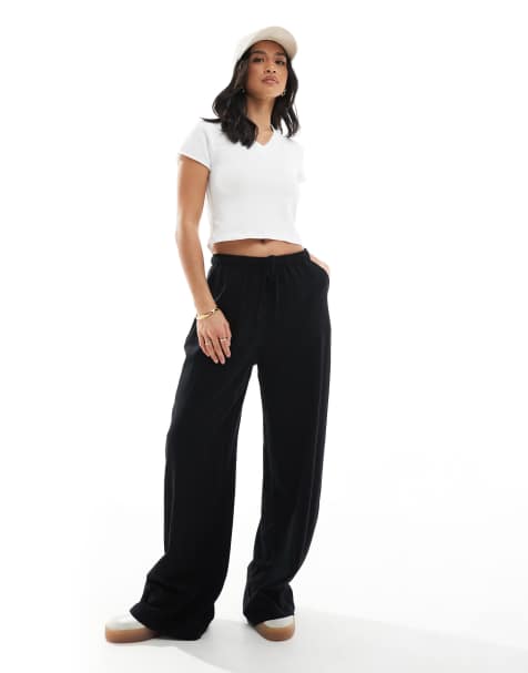 Stradivarius Petite - Broek met linnenlook en elastische taille in zwart - view 1