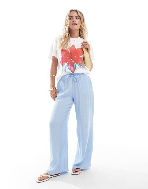 Stradivarius Petite - Broek van kreukelstof met linnenlook en elastische taille in blauw