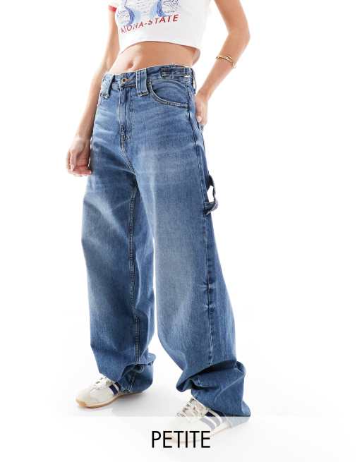 Stradivarius Petite carpenter jeans with adjustable waist in medium blue 