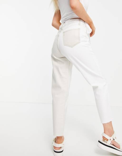 Stradivarius Petite contrast two tone slim mom jean in ecru, 2 of 4