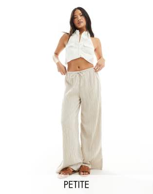 Stradivarius Petite Crinkle Pull On Pants In Stone-neutral