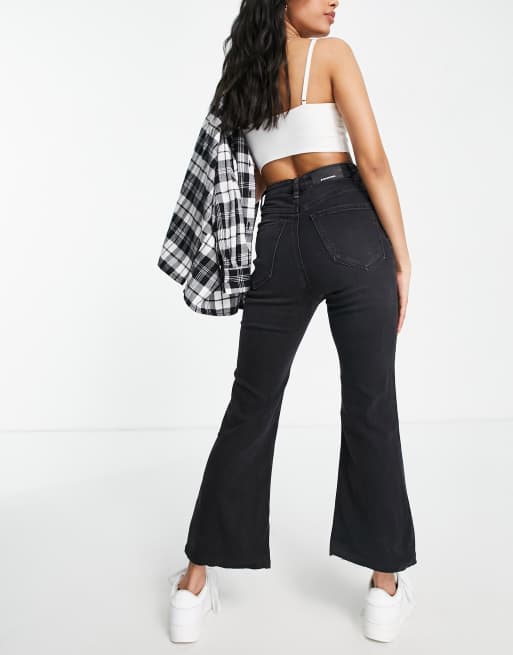 Stradivarius Petite crop flare jeans in black