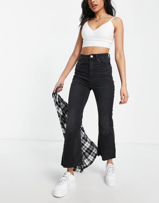 Stradivarius Petite crop flare jeans in black