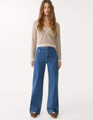 Stradivarius Petite - D77 - Jeans in überfärbtem Blau mit minimalistischen Taschen
