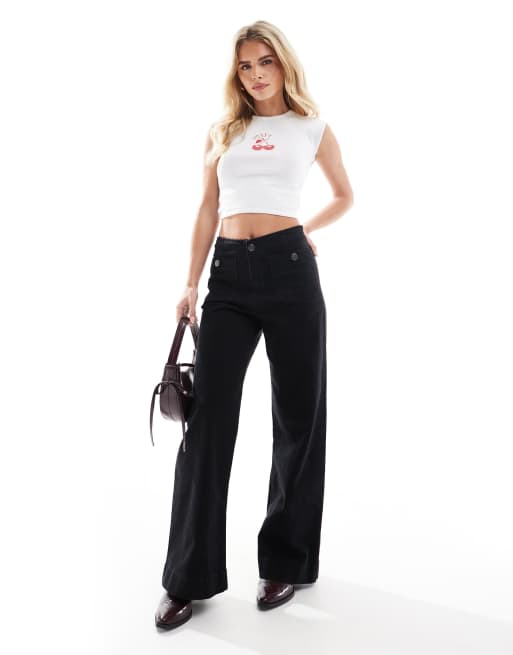 Stradivarius Petite - D77 - Jeans met rechte pijpen en knoopdetail in zwart