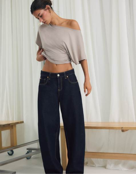 Stradivarius Petite d80 Barrel-Fit-Jeans in Rinse Blue Denim - view 1