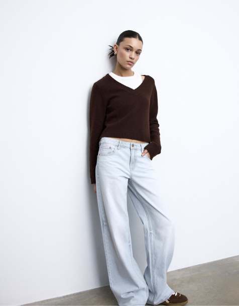 Stradivarius Petite - D91 - Jeans met wijde pijpen en lage taille in lichtgrijs denim met wassing - view 1