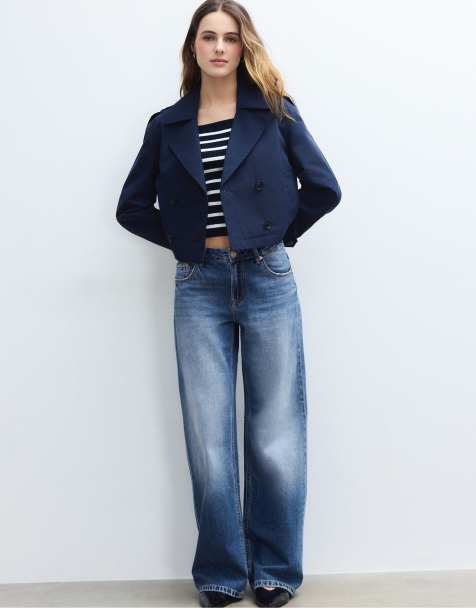 Stradivarius - Petite - D91 - Jeans met wijde pijpen en lage taille in medium blauw denim - view 1
