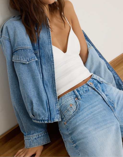 Stradivarius Petite - D91 - Mellem- og lyseblå lavtaljede denimjeans med brede ben, 4 af 7