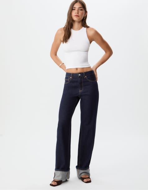 Stradivarius Petite – D92 – Blå, tvättade jeans med raka, vida ben - view 1