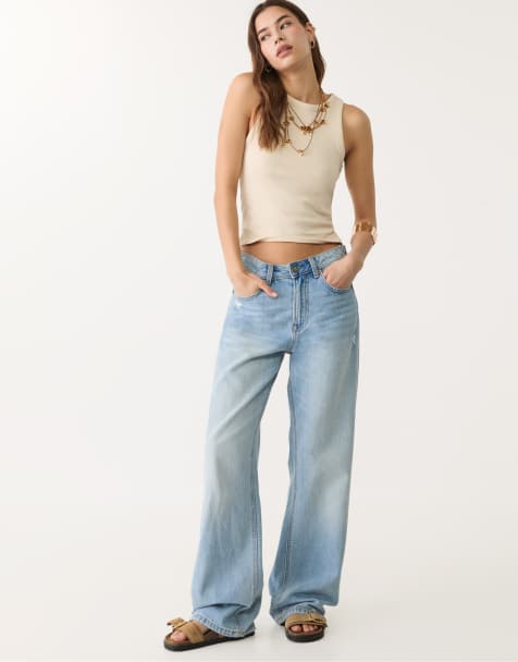 Stradivarius Petite – D92 – Gerade geschnittene Jeans in Denimblau mit weitem Bein - view 1