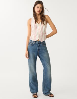Stradivarius Petite - D92 - Gerade geschnittene Jeans in dunkelblauer Rinse-Waschung mit weitem Bein